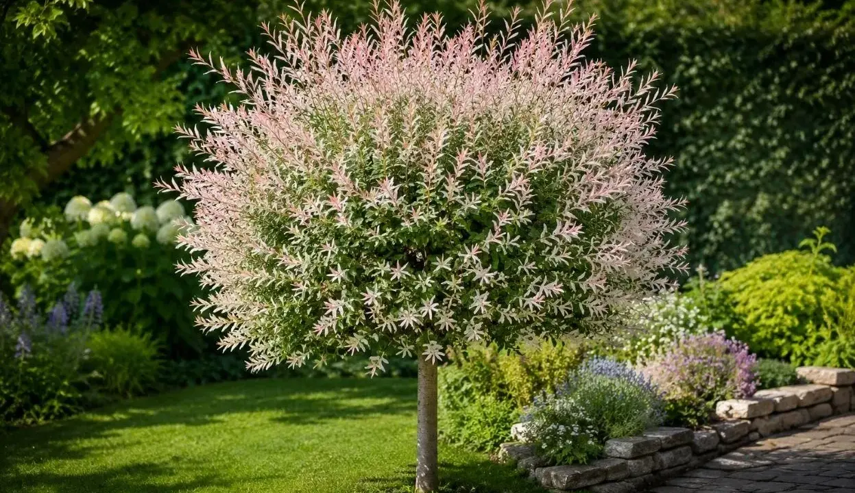Un saule crevette aux feuilles roses et blanches, parfaitement taillé, trône dans un jardin verdoyant.