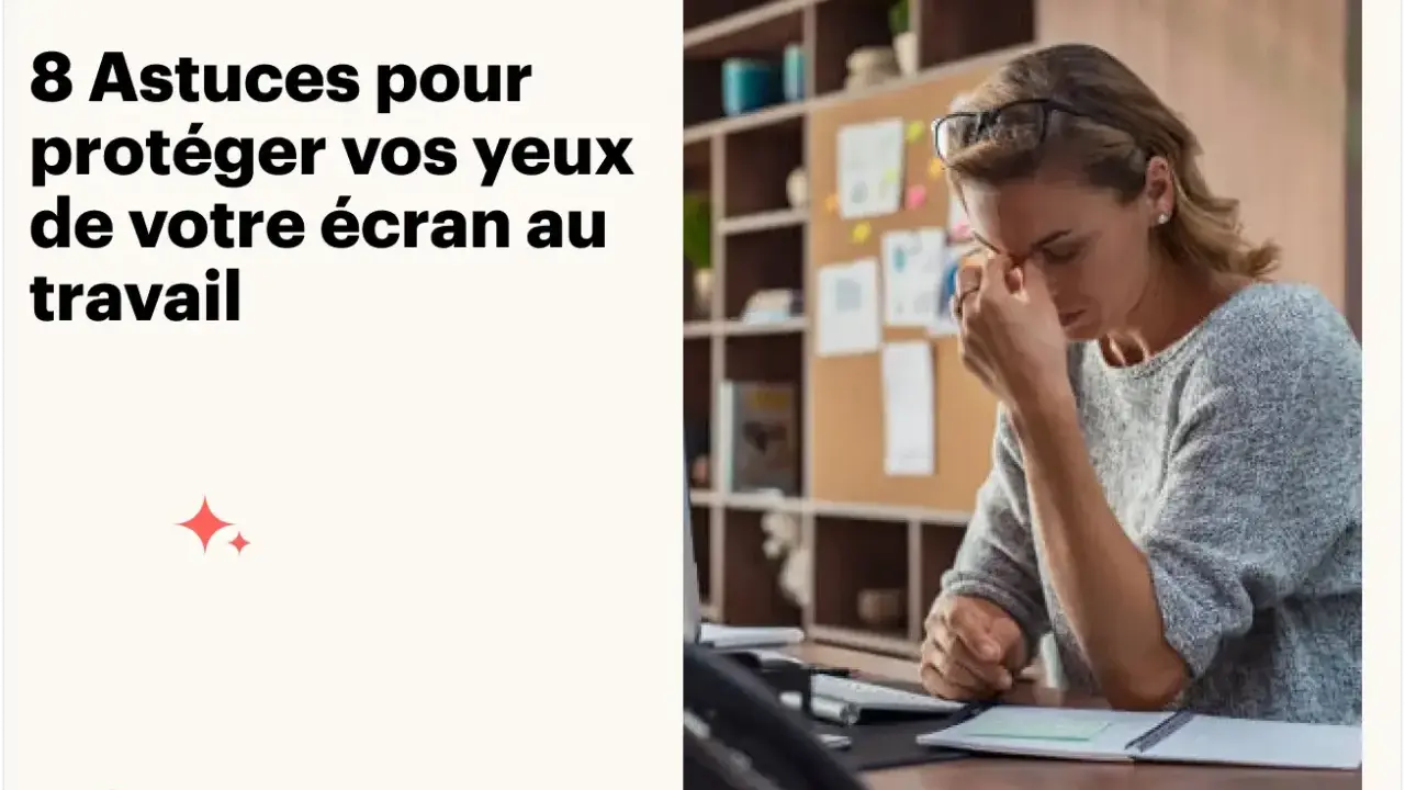 Une femme fatiguée se masse les yeux devant son ordinateur. Apprenez comment diminuer la luminosité d'un ordinateur pour protéger votre vue.
