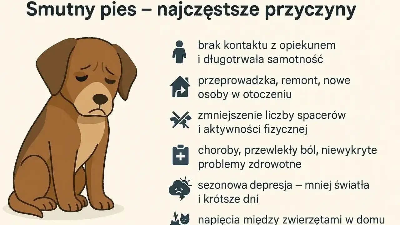 Smutny pies piszczy z wielu powodów: samotność, zmiany w otoczeniu, brak ruchu, ból, depresja czy konflikty z innymi zwierzętami.