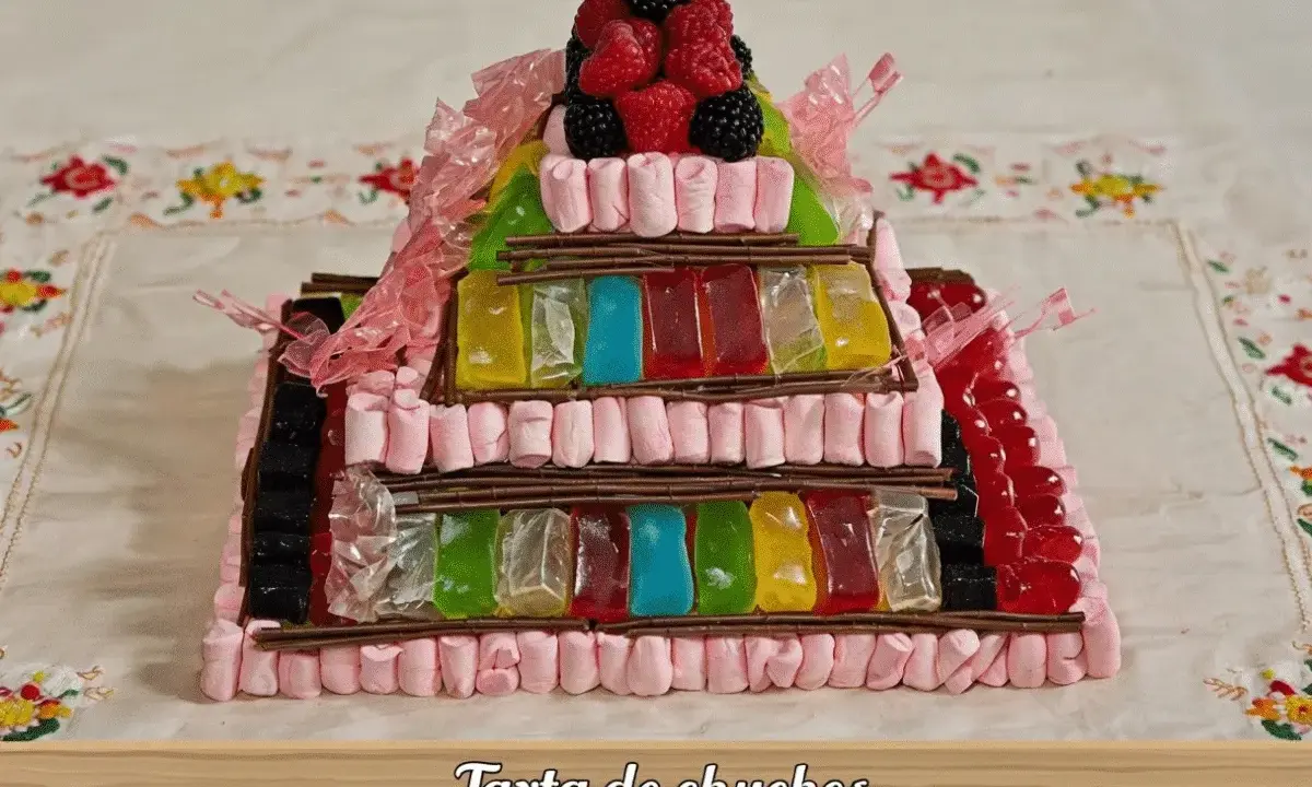 Tarta de chuches escalonada, con capas de gominolas de colores, marshmallows rosas y frutos rojos en la cima.
