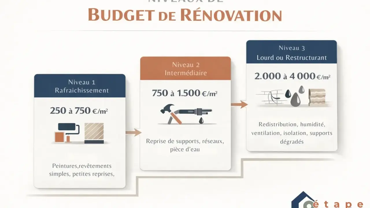 Simulation construction maison : 3 niveaux de budget de rénovation, du rafraîchissement à la restructuration lourde, avec coûts et exemples de travaux.