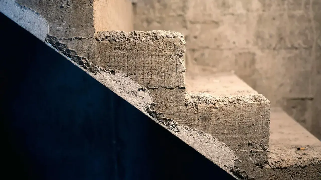 Szare, surowe schody betonowe, wymagające renowacji. Zastanawiasz się, jak odnowić stare schody betonowe wewnętrzne?