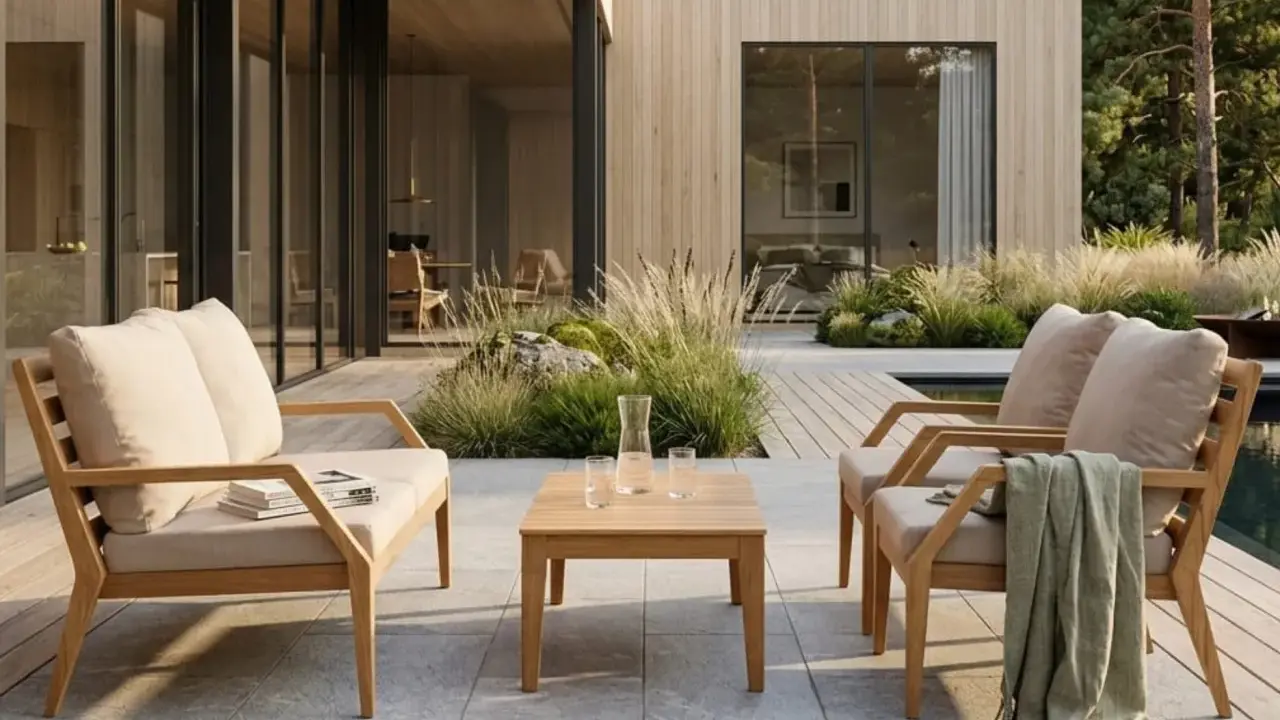 Trädgårdsmöbler i teak med klassisk design, placerade på en altan vid ett modernt hus.