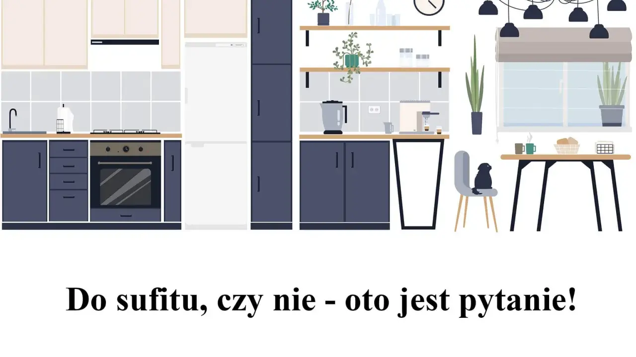 Nowoczesna kuchnia z ciemnogranatowymi szafkami i jasnymi frontami. Zastanawiasz się nad wymiarami szafek kuchennych wiszących?
