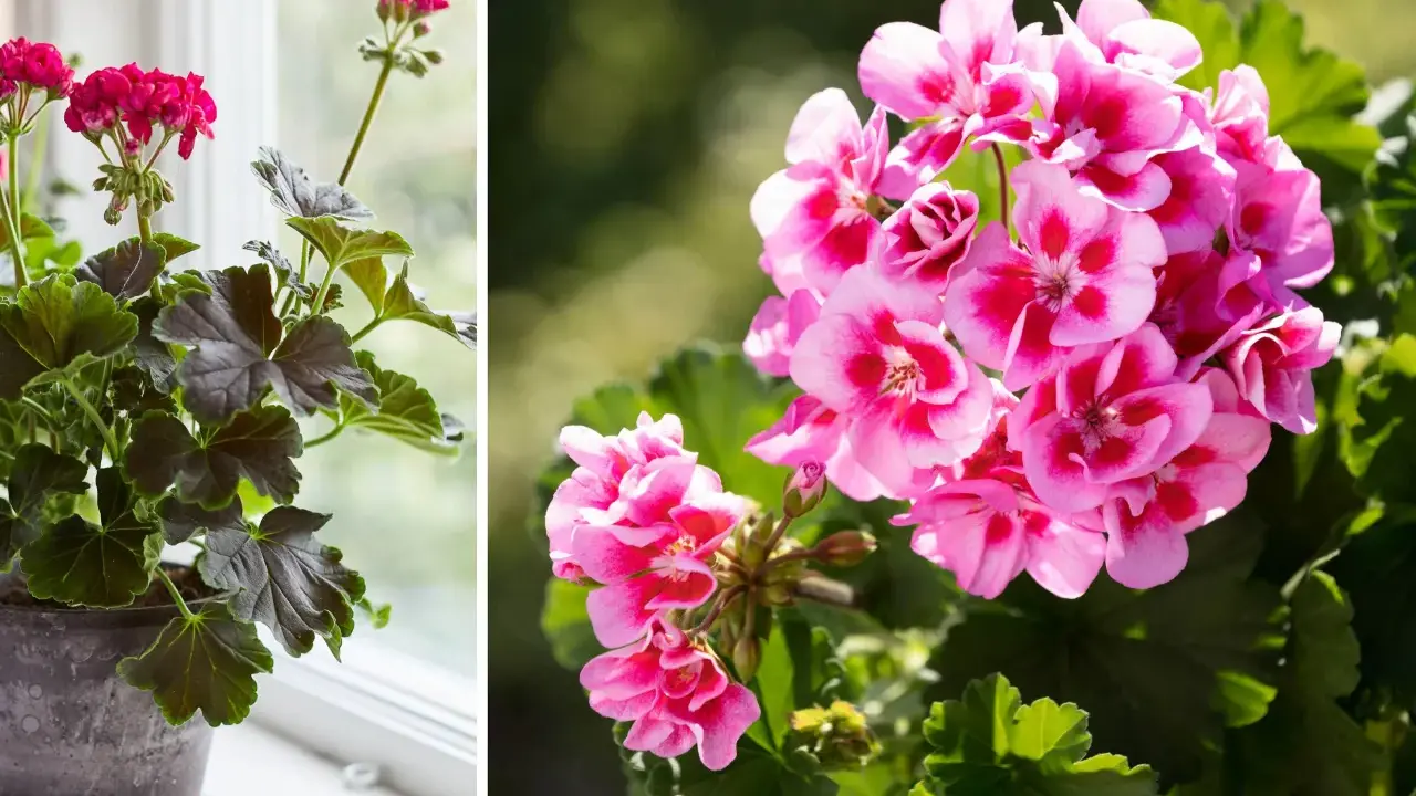 En kruka med mörka blad och rosa blommor står vid ett fönster. Bredvid syns en närbild på rosa pelargonblommor med mörka fläckar.
