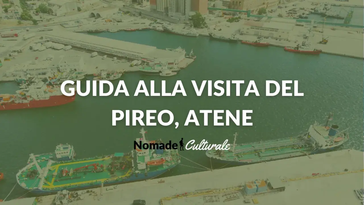 Vista aerea del porto di Atene, con navi attraccate e la scritta "Guida alla visita del Pireo, Atene".