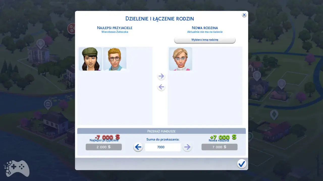 Interfejs gry The Sims 4 pokazuje opcje dzielenia i łączenia rodzin. Można tu zobaczyć, jak edytować parcele w The Sims 4, przenosząc Simów i fundusze między rodzinami.