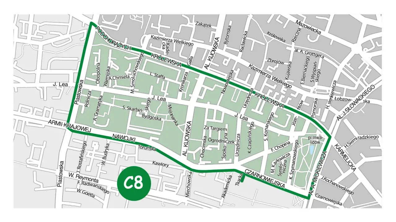 Mapa wyznacza krakowskie strefy parkingowe, w tym obszar C8.