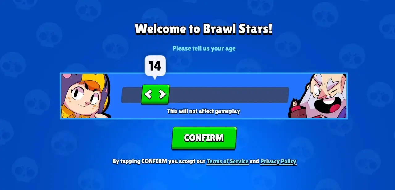 Pantalla de bienvenida de Brawl Stars pidiendo la edad, con la opción de 14 años seleccionada. La brawl stars edad recomendada se muestra para que el jugador la confirme.