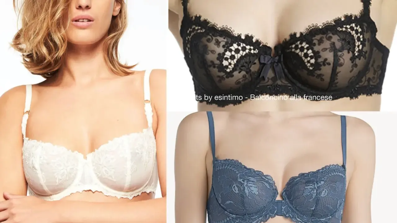 Modelli di reggiseno a balconcino in pizzo bianco, nero e blu.