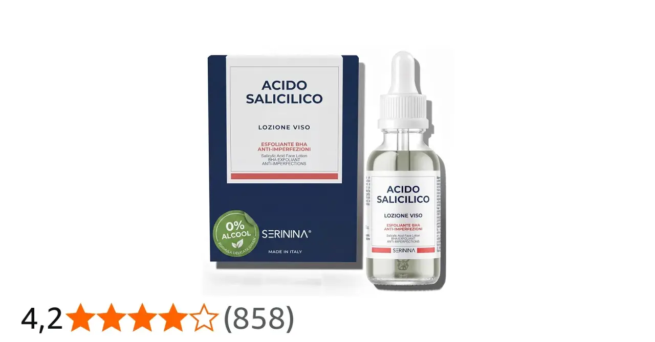 Lozione viso con acido salicilico, esfoliante BHA anti-imperfezioni, 0% alcool. Flacone con contagocce e scatola.