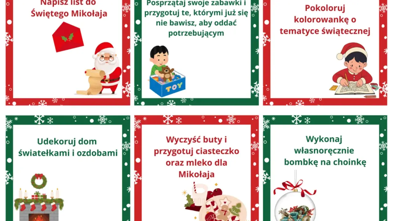 Świąteczny kalendarz dla dzieci do druku z zadaniami: napisz list, posprzątaj, pokoloruj, udekoruj, przygotuj ciastka i zrób bombkę.