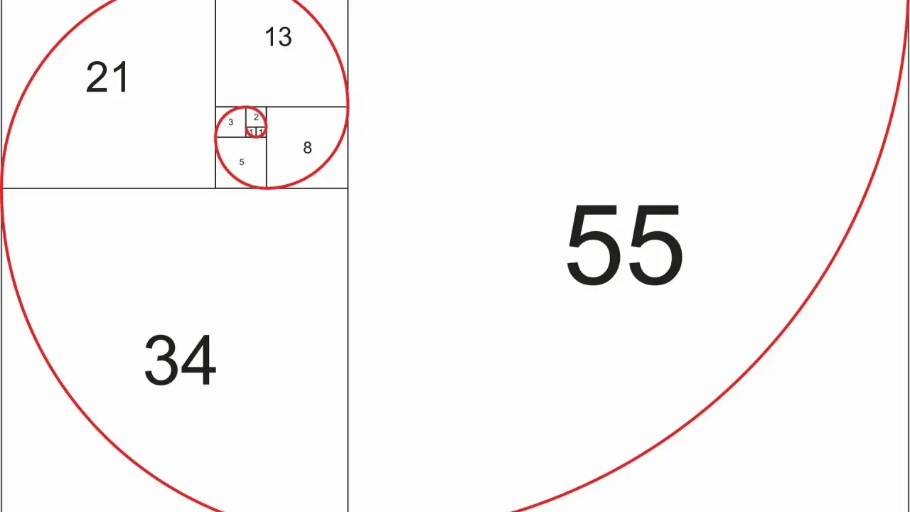 Sekwencja Fibonacciego tworzy spiralę, ilustrując złoty podział. Liczby 1, 1, 2, 3, 5, 8, 13, 21, 34, 55 tworzą kwadraty.