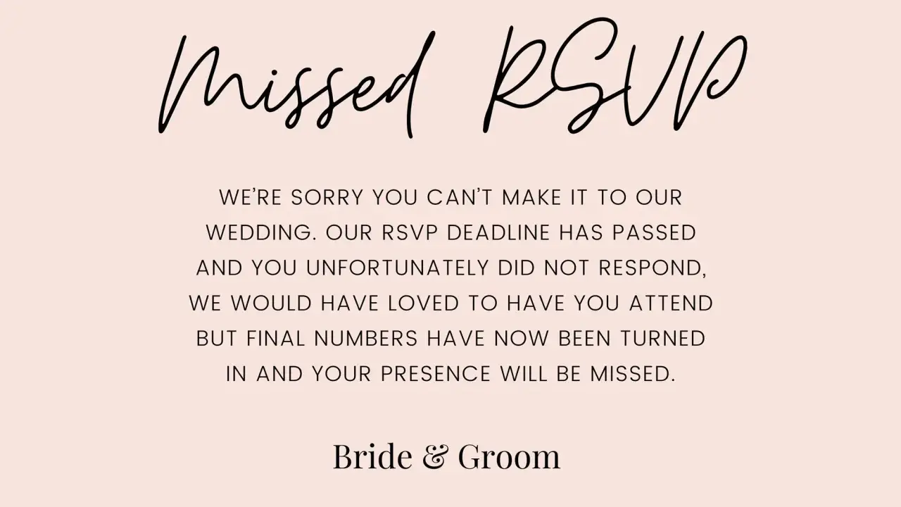 Napis "Missed RSVP" na jasnoróżowym tle, poniżej tekst o minionym terminie RSVP.