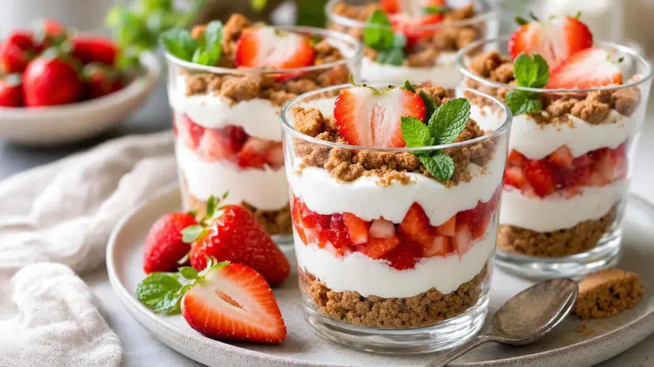 Délicieuse verrine fraise sans mascarpone, superposant fruits rouges, crème légère et crumble croustillant. Parfait pour un dessert frais et fruité.