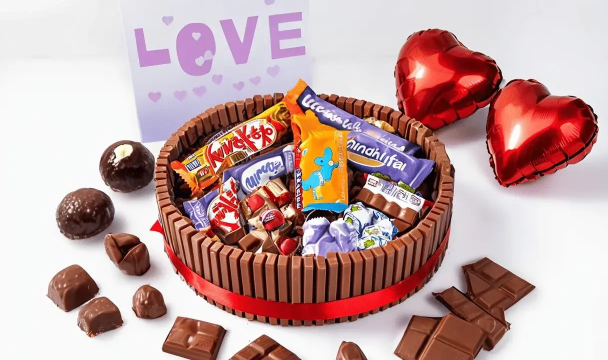Pastel de xuxes con forma de tarta, decorado con chocolates y globos en forma de corazón. ¡Un regalo perfecto para San Valentín!