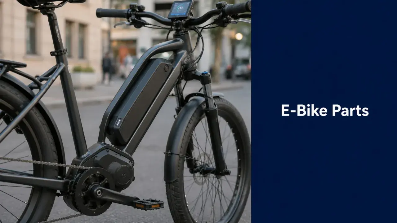 Części do rowerów elektrycznych: czarny rower z widocznym akumulatorem, silnikiem i wyświetlaczem.
