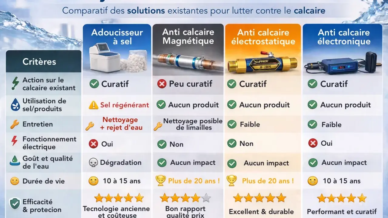 Comparatif des systèmes anti calcaire : adoucisseur à sel, magnétique, électrostatique et électronique. Lequel choisir pour une eau sans calcaire ?