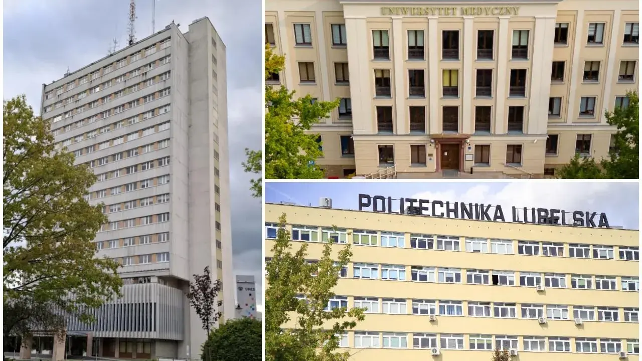 Lublin uczelnie: Uniwersytet Medyczny i Politechnika Lubelska, a także wysoki budynek UMCS.