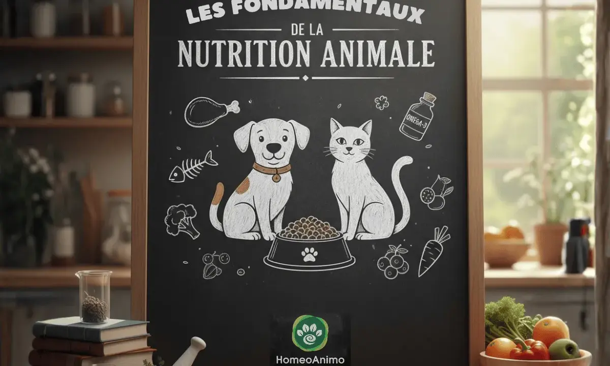 Tableau noir sur la nutrition animale, avec un chien et un chat devant un bol de croquettes. Idéal pour un repas pour chien équilibré.