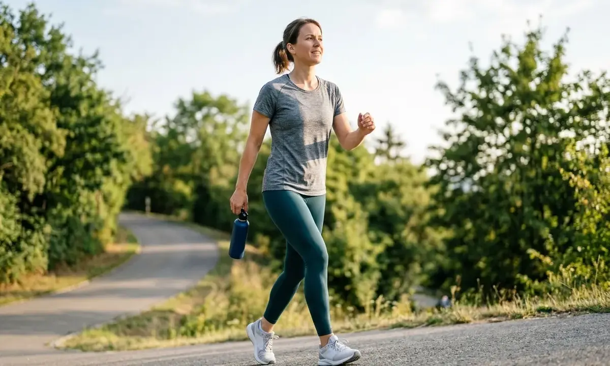Frau genießt **incline walking** auf einem asphaltierten Weg, umgeben von grünen Bäumen. Sie hält eine Wasserflasche in der Hand.