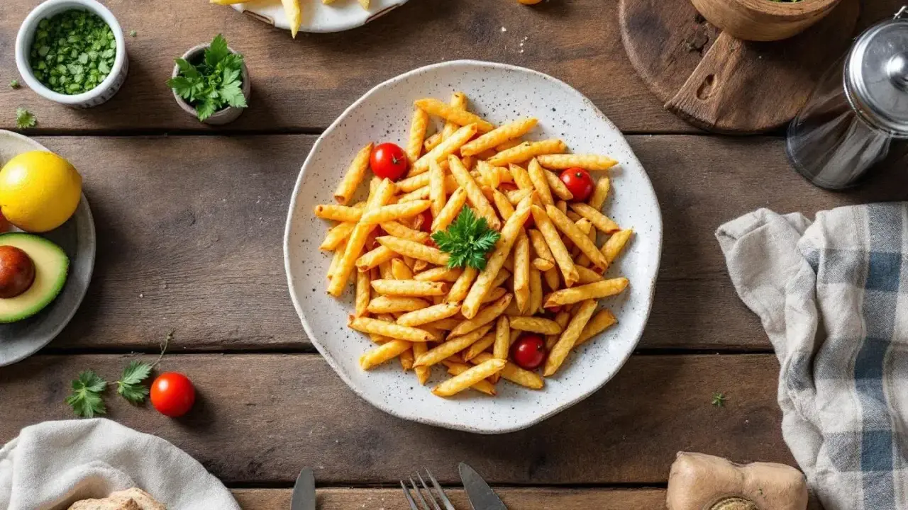 En tallrik med pommes frites, körsbärstomater och persilja. Enkel och billig mat som passar alla.