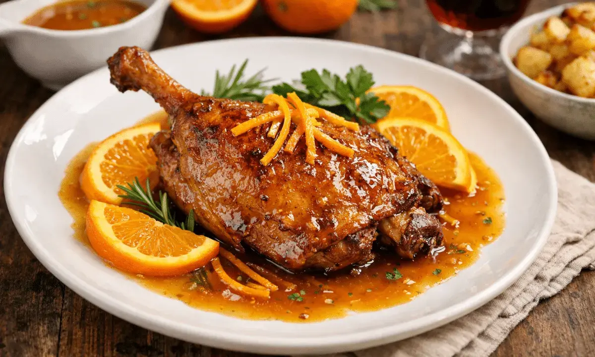 Pechuga de pato a la naranja, glaseada y dorada, servida con rodajas de naranja fresca y romero.
