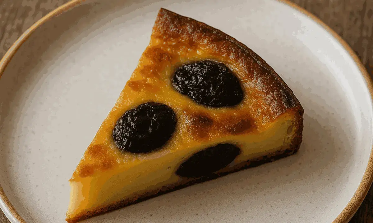 Tranche de far breton, un gâteau moelleux aux pruneaux, sur une assiette blanche.