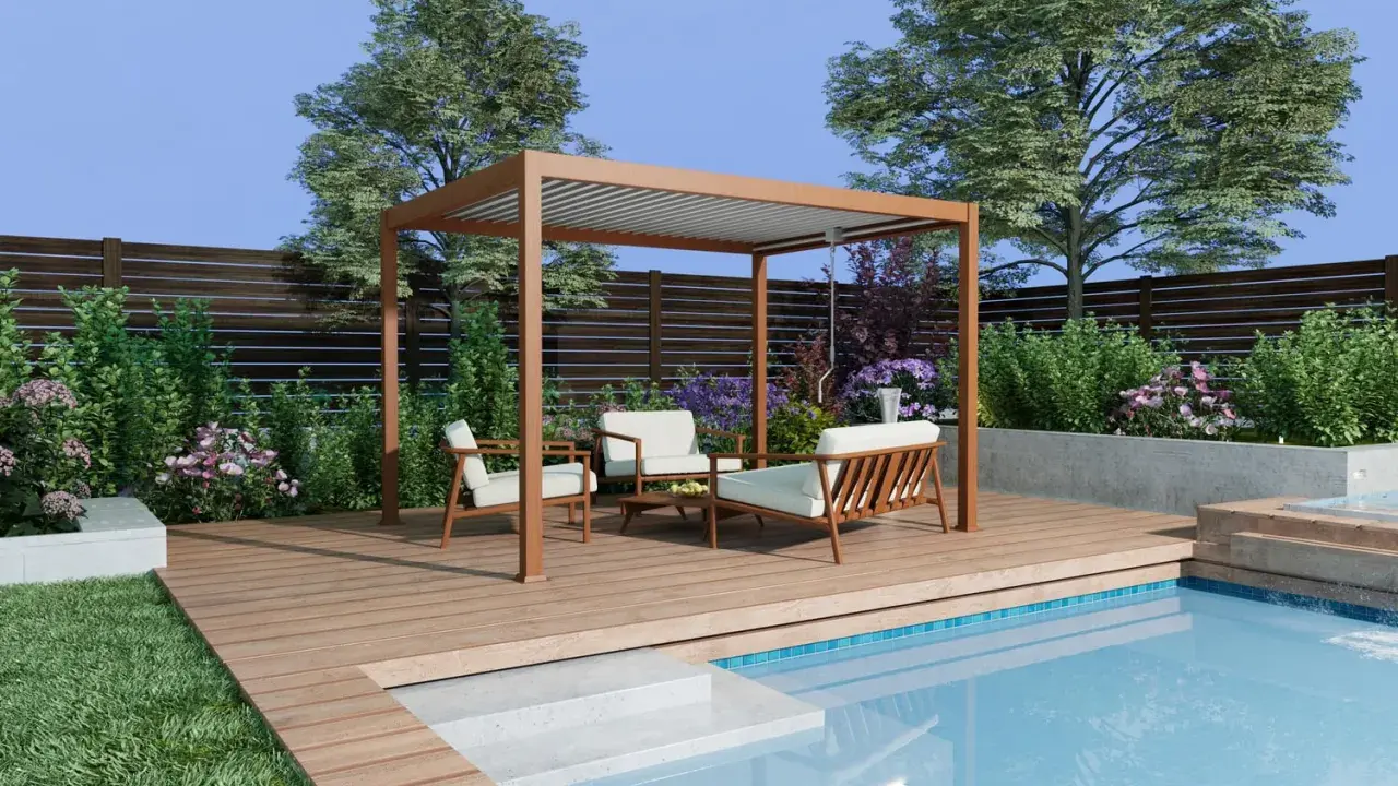 Une belle pergola en bois domine une terrasse en bois, invitant à construire une ambiance de détente près de la piscine.