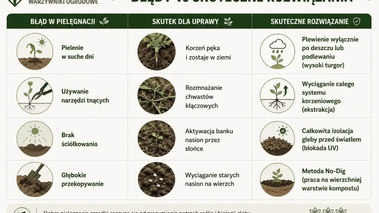 Skuteczne zwalczanie chwastów: plewienie po deszczu, wyciąganie całych korzeni, izolacja gleby UV i metoda No-Dig. Unikaj błędów w pielęgnacji.