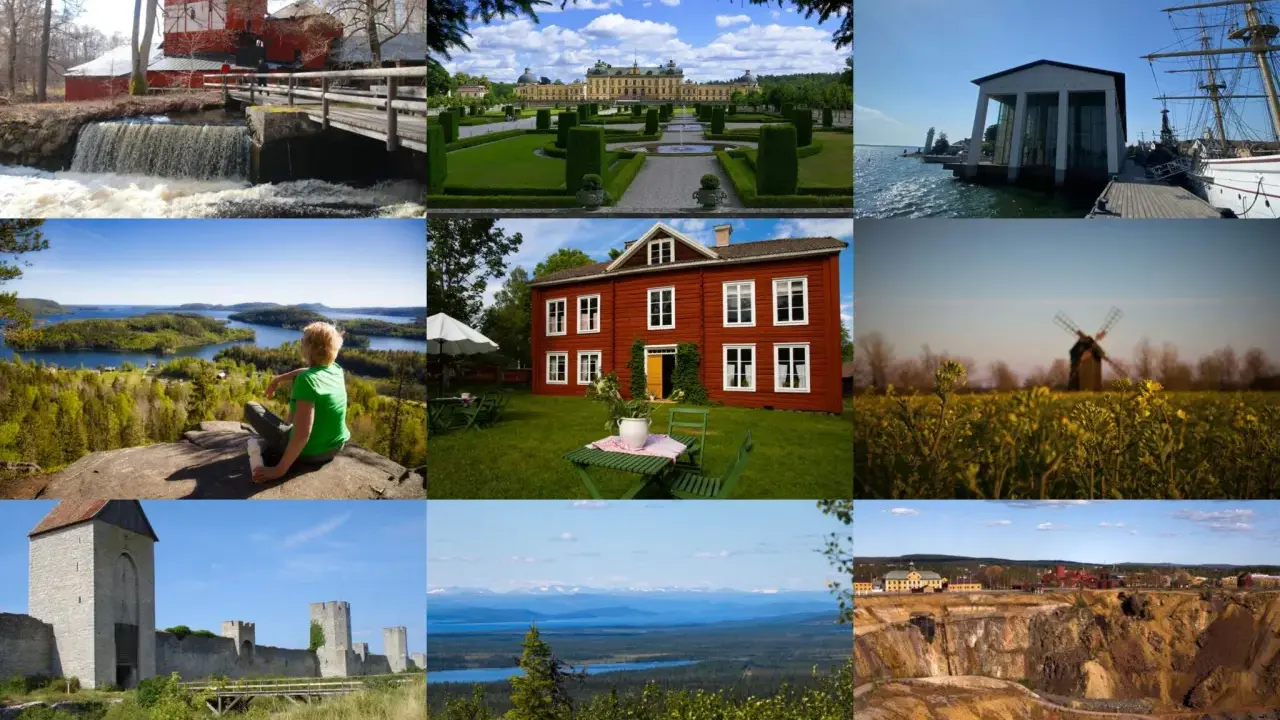 En mosaik av Sveriges världsarv: en röd kvarn, Drottningholms slott, ett marinmuseum, en sjöutsikt, ett rött hus, en väderkvarn, Visby ringmur, ett fjällandskap och en gruva.