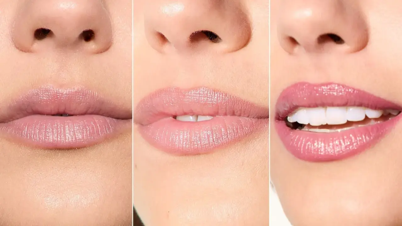Tres looks de maquillaje de labios: nude, rosa pálido y rosa brillante.