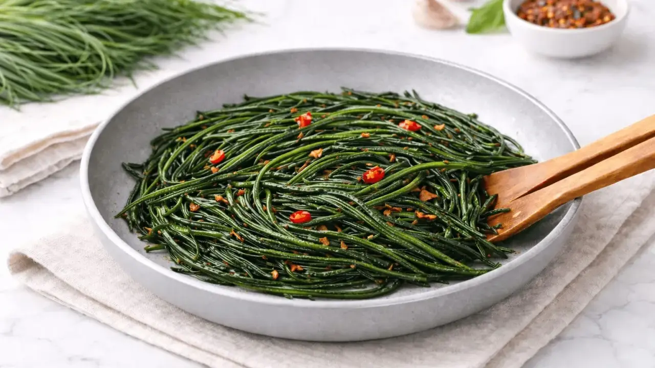 Agretti in padella, un contorno fresco e saporito, condito con aglio e peperoncino.