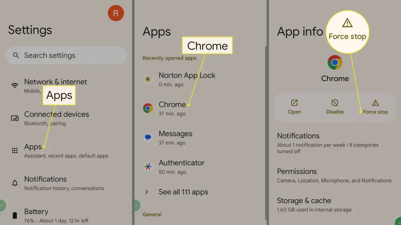 Android-Virus Warnung entfernen: Chrome-App erzwingen. Einstellungen > Apps > Chrome > "Erzwingen beenden".