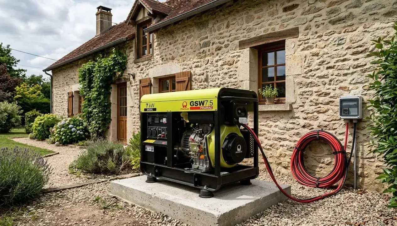 Un groupe électrogène Pramac GSW7.5, idéal pour savoir quel groupe électrogène choisir pour alimenter une maison, est installé près d'une bâtisse en pierre.