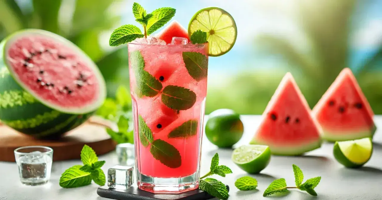 Letni arbuzowy mohito: jak zrobic ten orzeźwiający napój? W szklance kawałki arbuza, mięta, lód i plasterek limonki.