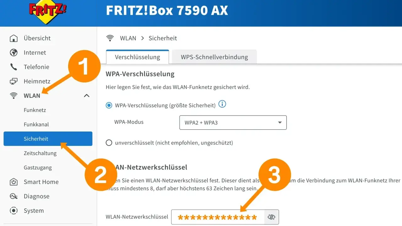 Das Bild zeigt die Einrichtung eines WPA2-Passworts für ein FRITZ!Box WLAN. Hier wird erklärt, was ein WPA2-Passwort ist und wie man es festlegt.