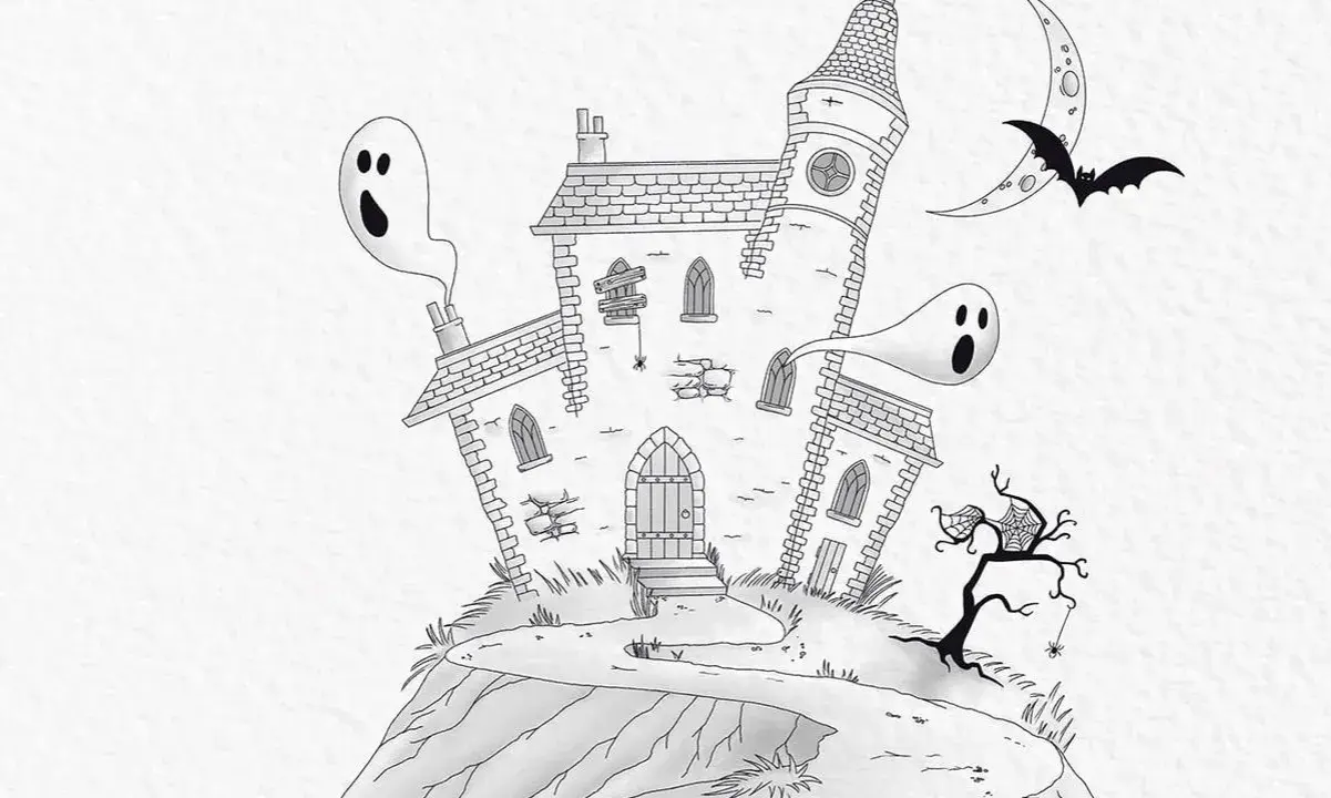 Jak narysować halloween: nawiedzony dom, dwa straszne duszki, nietoperz i księżyc.