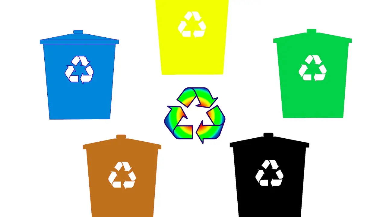 Kolorowe kosze na śmieci z symbolami recyklingu. Różne kolory opakowań i ich znaczenie w segregacji odpadów.