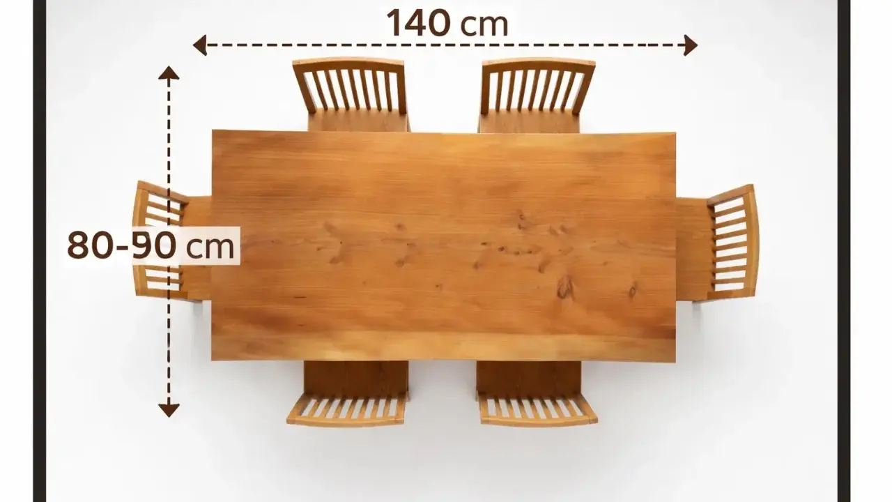 Vista aérea de mesa de comedor de madera con seis sillas. Muestra el espacio alrededor de la mesa, indicando 140 cm de largo y 80-90 cm de ancho.