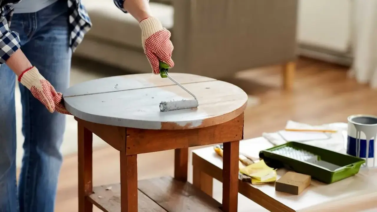 Une personne en jean et chemise à carreaux, portant des gants, utilise un rouleau pour appliquer une peinture grise sur une table ronde en bois. Le **décapage bois** est en cours pour un relooking.