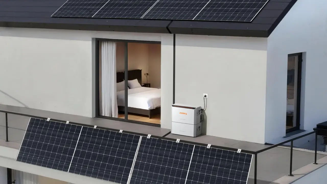 Panneaux solaires plug and play avis : une maison moderne avec des panneaux sur le toit et la terrasse, connectés à une batterie Jackery.