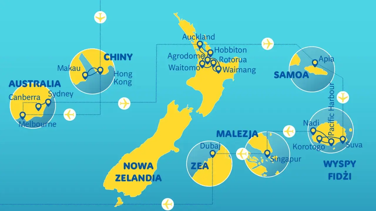 Mapa przedstawia podróż po wyspach Oceanii, z zaznaczonymi trasami lotniczymi do Australii, Nowej Zelandii, Samoa, Fidżi, Chin i Malezji.