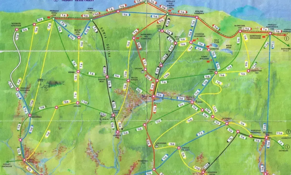 Karpacz jakie to góry? Mapa szlaków turystycznych Karkonoszy pokazuje malownicze trasy, w tym Sowią Dolinę i Śnieżkę.