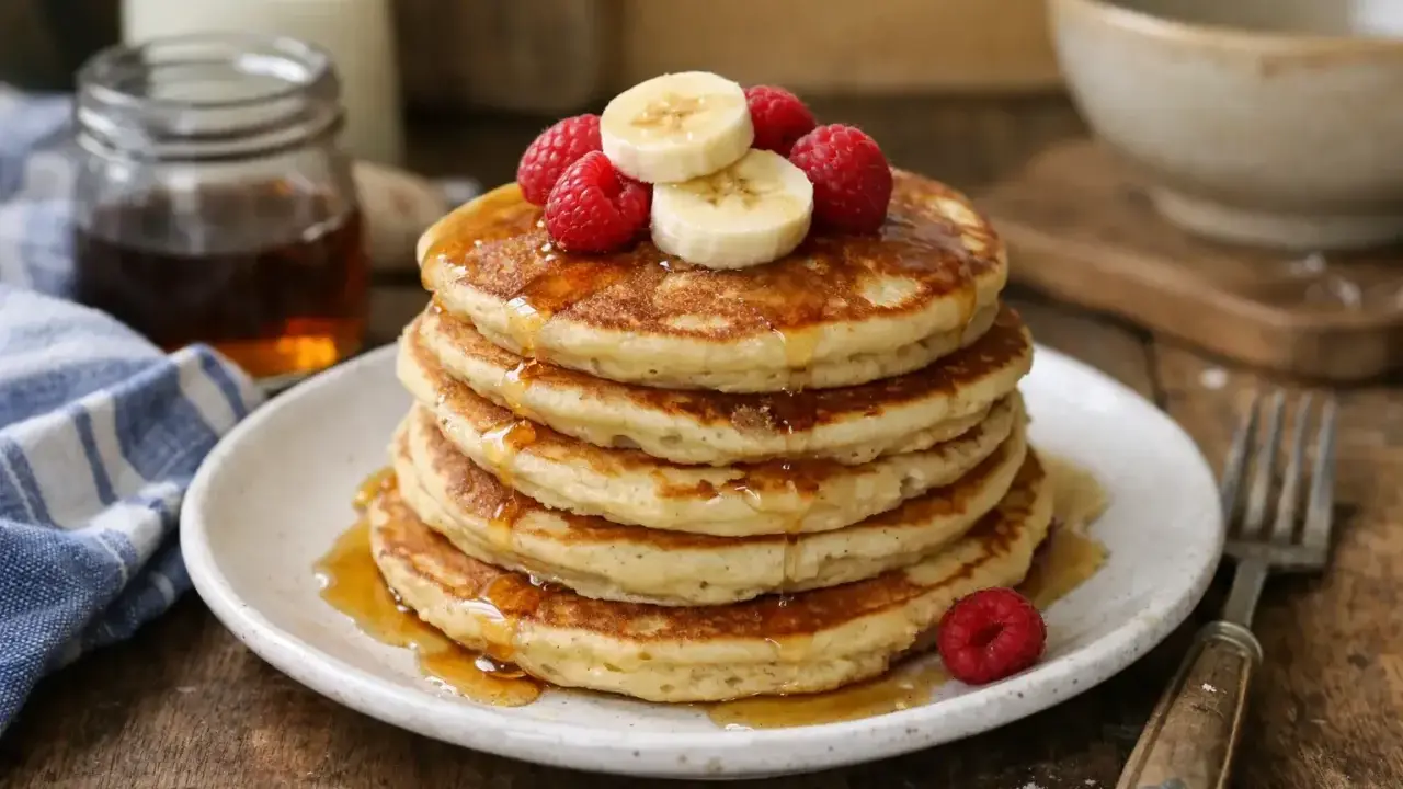 Pile de pancakes sans oeuf, garnis de framboises et rondelles de banane, arrosés de sirop d'érable. Un délice pour le petit-déjeuner.