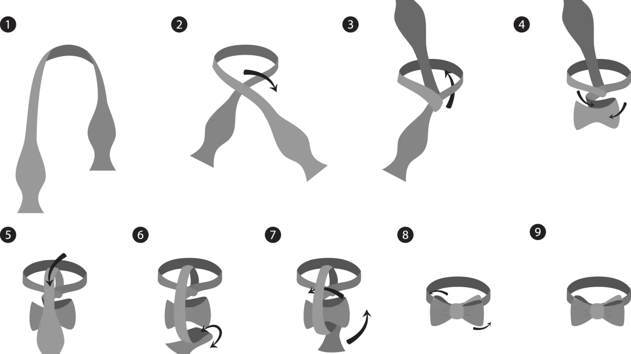 Steg-för-steg-guide för hur du knyter en fluga. Illustrationer visar hur du formar och drar åt tyget för att skapa en perfekt fluga.