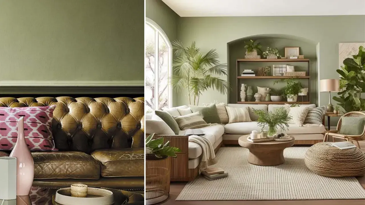 Un salon moderne et confortable avec des murs vert clair. Le cuir brun du canapé et les coussins aux motifs géométriques roses montrent quelle couleur va bien avec le vert clair.