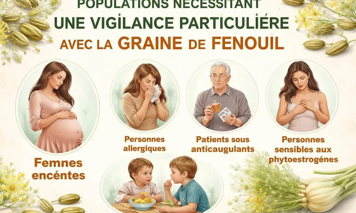 Femmes enceintes, allergiques, sous anticoagulants ou sensibles aux phytoestrogènes : vigilance avec la graine de fenouil.