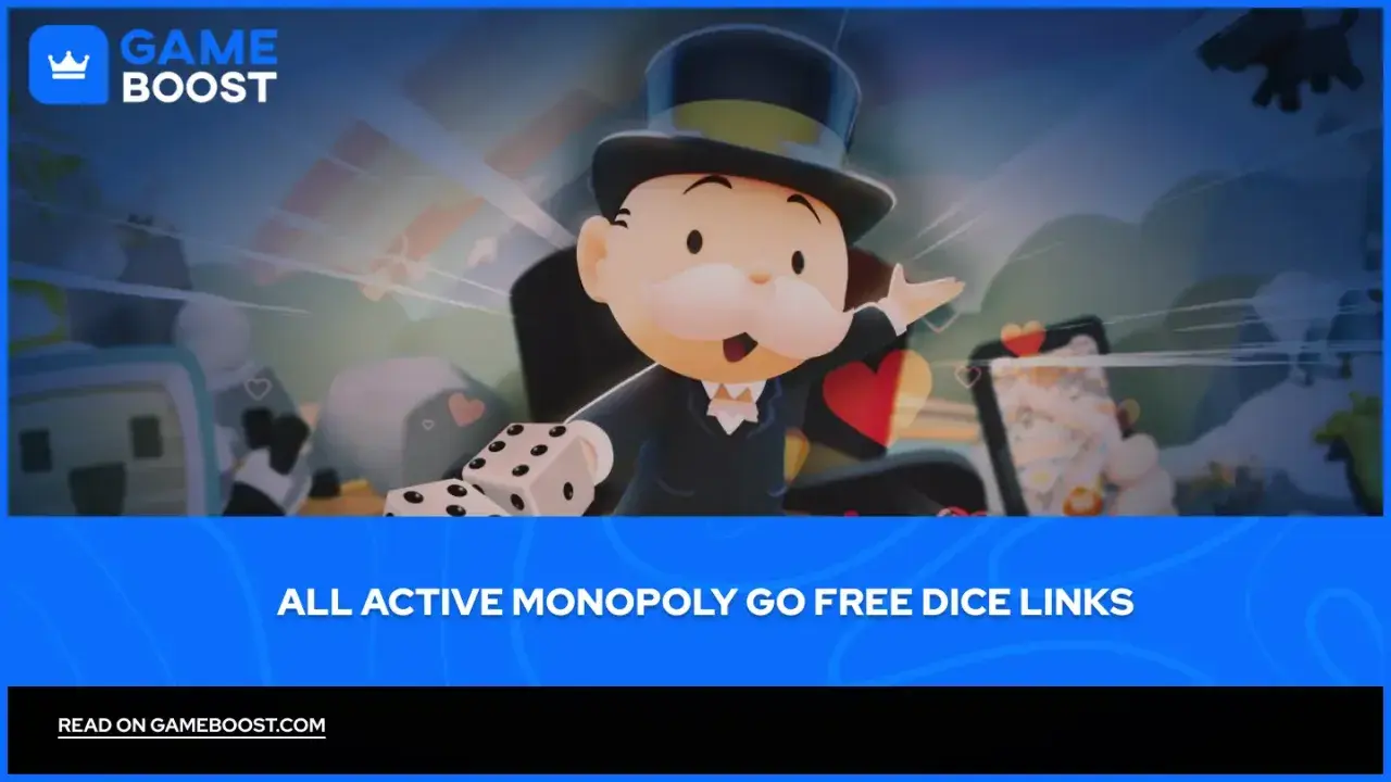 Pan Monopoly z kostkami i sercami, oferujący kody Monopoly Go.