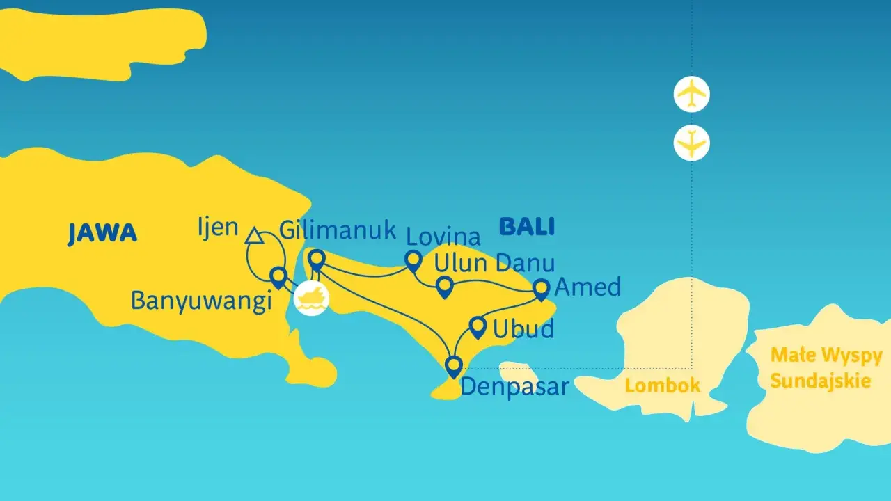 Mapa z trasą zwiedzania Bali: Jawa, Banyuwangi, Gilimanuk, Lovina, Ulun Danu, Amed, Ubud, Denpasar, Lombok.